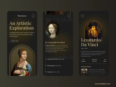 Renaissance Art - Mobile Responsive art artwork dark dark ui digital art historic homescreen landing page mobile app mobile app design mobile responsive mobile site mobile view monalisa museum premium renaissance responsive timeline user interface