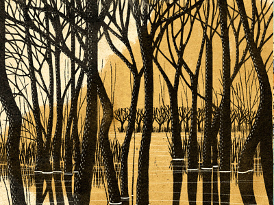 Lima color handmade landscape melancholic print river trees woodcut