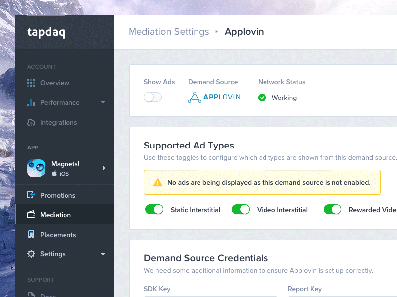 Tapdaq V6 - Sneak Peek 2 app dashboard export graph ios performance profile stats summary table time ui