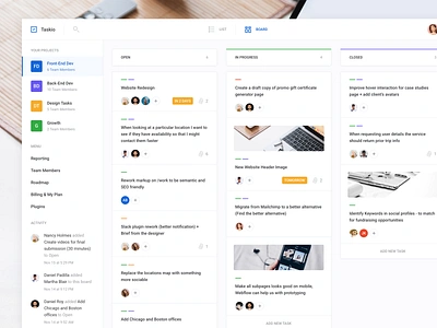 Taskio - Board View (Dashboard UI Kit 3.0) apps board boards clean dashboard management tool menu nav performance project stats table trello ui ui kit web