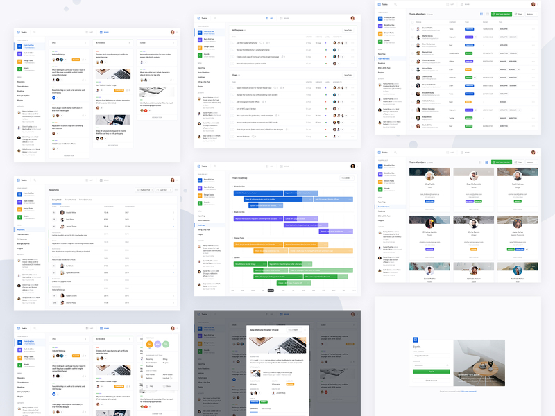 Taskio - All Screens app app dashboard board card cover dashboard graph modal overlay popup profile progress ui widget