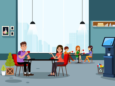 Coffee Day art expololarion buildings coffee day coffeeshop colorful concept cortoon creative female character fun illustration machine male character male feame cha minimal plants