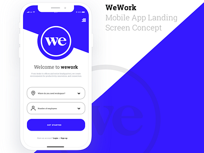 WeWork Mobile App Landing Concept app app design blue clean flat landing screen uidesign ux