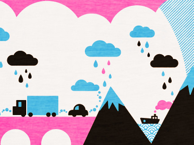 Summer? black blue boat car cloud design illustration mountain pink rain truck white