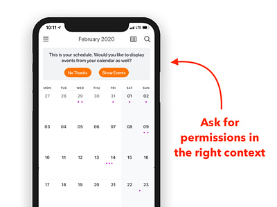 Design to ask for permissions directly when its needed calendar calendar design ios notification permissions