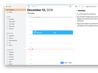 Design for a timeline view inside NotePlan calendar day desktop app macos macosx timeline