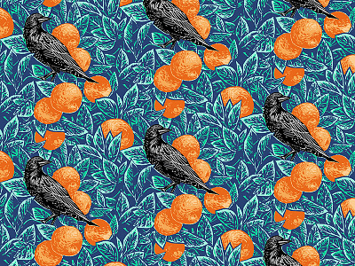 Starling & Orange brush pen color fruit illustration ink orange oranges pattern poster screenprinting starling texture