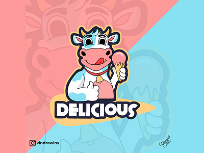Delicious Ice-cream animal animal logo artwork branding cattle cow design digital illustration digitalart doodle illustration logo logo design logotype mascot logo milk redbubble tasty typography vector