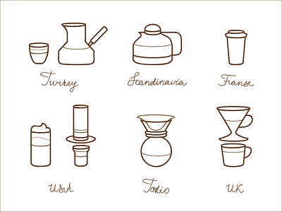 Coffee of the World chemed coffee cup glyphs icons illustration kettle line siphon typography vector