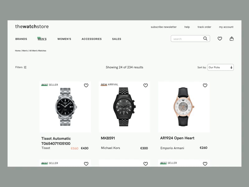 The Watch Store: filtering products user interaction animation design ecommerce filtering filtering product interaction design motion design online store rising talent search superior design typography ui ux visual design watch store webdesign