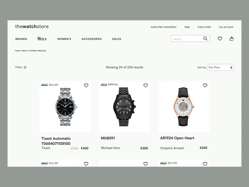 The Watch Store: filtering products user interaction