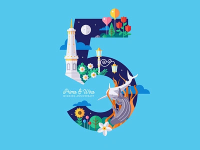 Prima & Wira 5th Wedding Anniversary anniversary art design five flat flat design illustration love number typography vector wedding wowcat