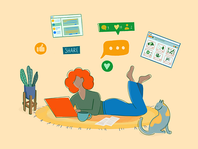 Chat with friends cat character design chat computer dribbble flat girl illustration instagram laptop likes room saas slack social media uiux vector website woman illustration work from home