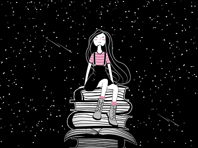 Star Girl black white book flat girl illustration pink star