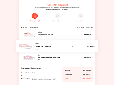 Email Receipt #017 #DailyUI email email message notification online shopping order order confirmation order details receipt shipment shoes shop transaction details ui
