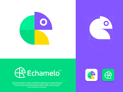 Echamelo Logo Design app branding chamelon design eletterlogo graphic design green icon letter logo logochamelon purple