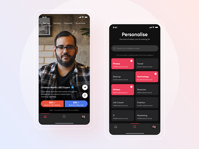 Search & Meet Talent app design book bookmark cards dark dark ui meeting app meetings network online personalised profile schedule search selection share story talent uidesign video call