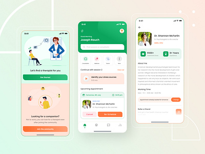 Stress Management & Community App appointment chat community consult doctors home hospital list medical medicine onboarding ui player profile refer search sessions stress therapy ui design ux design