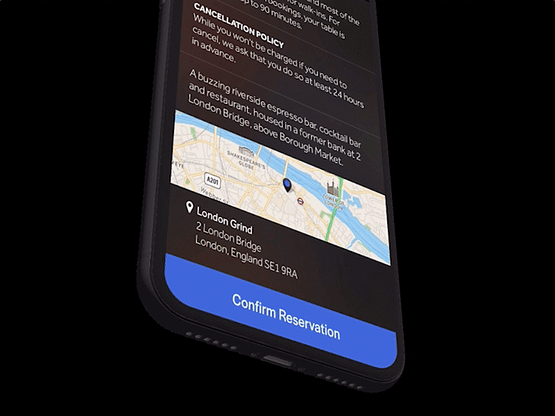 RESY Booking Confirmation adobe xd animation app booking confirmation dark food interaction ios mobile mobile ui motion reservation ui ui ux ux
