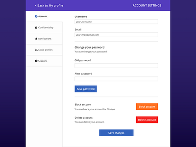 Design of Account settings page