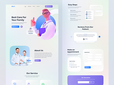 Medi. - Medical Landing Page design 3d 3d illustrations branding clean design doctor app doctor website glassmorphism landingpage medical medical care minimal psd template typography ui ui design ux design