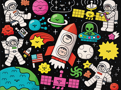 Cosmos astronaut astronauts children book illustration childrens illustration cosmos doodle earth fun japanese art kawaii martian meteor moon stars sun ufo usa