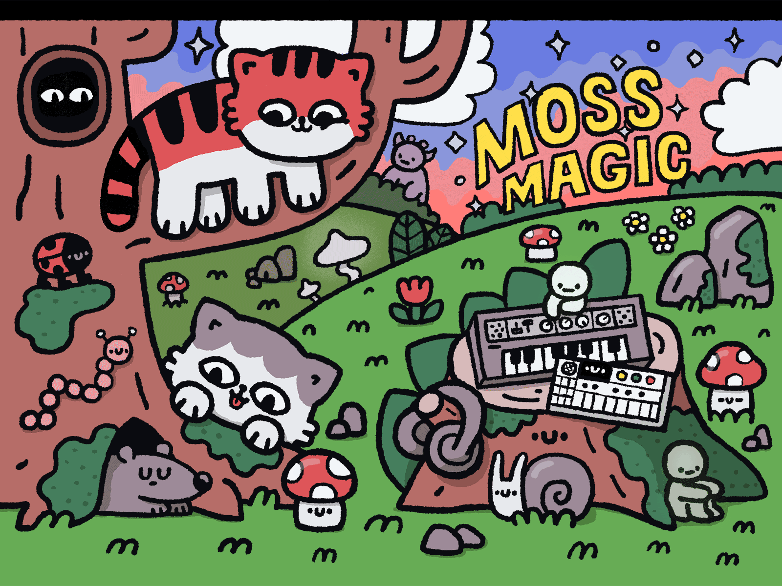 Catbeats - Moss Magic animation cats cute design doodle fun graphic design illustration japanese kawaii magic moss motion graphics music sleep