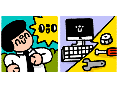 A cheerful man and various working tools cartoon cheerful cute design doodle fun illustration japanese kawaii logo man sun tinkoff tools ui