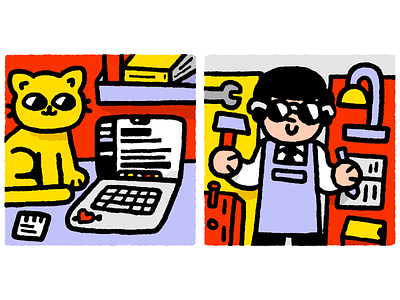 Working from home and working two jobs cartoon cat cute doodle fun illustration japanese job kawaii macbook tools two jobs work