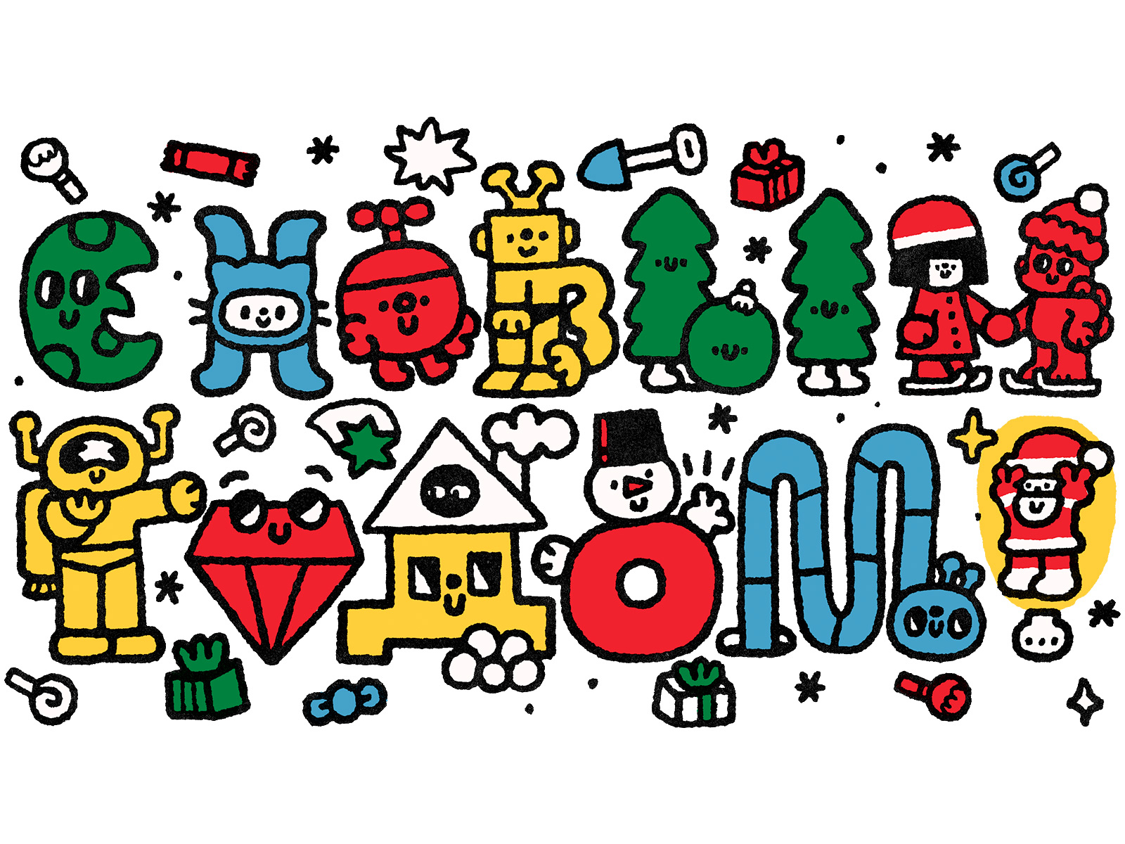 С Новым годом! candy cat cute doodle fun happy new year hny illustration japanese kawaii merry cristmas monster robot santa snowmen typography