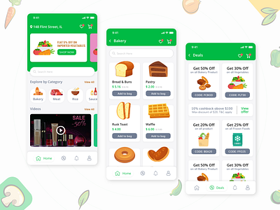 Grocery App Design app app design app designer branding design donuts flat design fruit green groceries grocery illustration ios design trending ui uiux vegetable veggies white