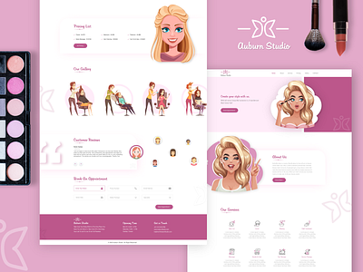 Auburn Studio Web Landing Page branding butterfly design flat design illustration landing page pink salon saloon studio trending ui uiux ux vector web