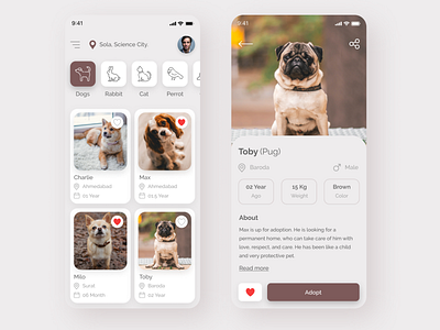 Pet Adoption App UI animal app app design branding cat design dog flat design freebie pet pet adoption pet app pet care trending trending ui ui uiux ux web zoo