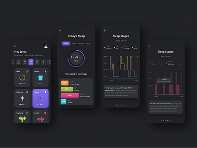 Sleep Tracking App alarm bed calender clean ui dark theme flat design illustrator interface ios minimal moon player profile sleep sleeping tracking app trending uiux