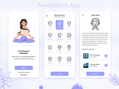 Meditation App app appdesign appdevelopment application creative design flat design media meditate meditation meditation app minimal modern mood moody trending uiux userinterface
