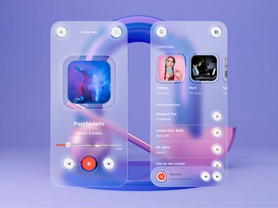 Neumorphic & Glassmorphic Mix Music Player 2024trends adobexd blur branding concept figma flutter glassmorphism glassy gradient ios app design kotlin mobile app design mobile ui music app music player neumorphic neumorphism trending uiux