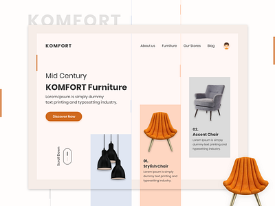 KOMFORT Home Page branding catalog chair collection collection page ecommerce furniture hero image home interaction interface minimal shopping trending uiux user experience web design website