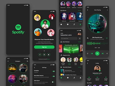 Spotify App Redesign Challenge app application audio branding clean dark ui design flat design graphic design logo mobile music player playlist popular redesign spotify trending ui uiux
