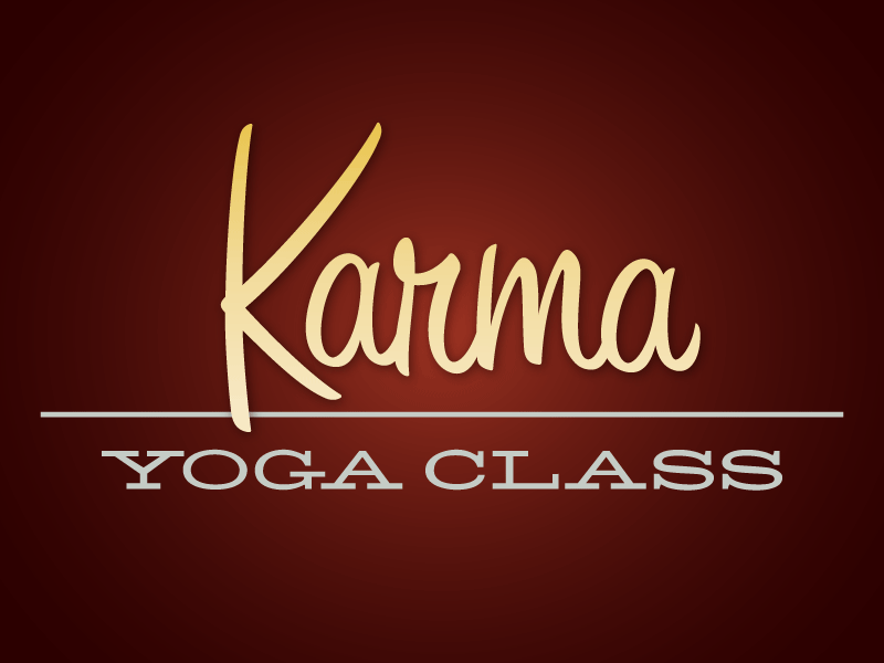 Karma Yoga Class blue gradient karma maroon script serif yoga