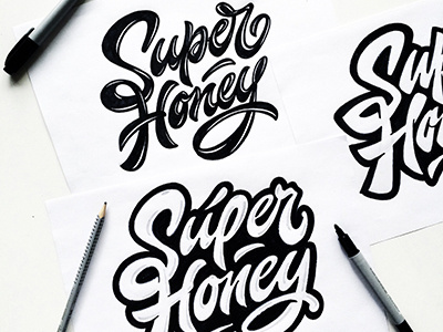 sketches, logo "Super honey" art hand lettering logo print sketch type