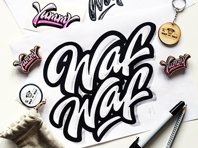 sketch , print "Waf Waf" art hand lettering logo print sketch type