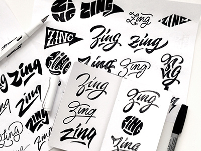 workflow, logo design "zing" art hand lettering logo print sketch type