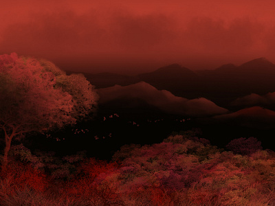 In the dark adobe photoshop dark art decorative digital 2d environment design illustration landscape nature nature illustration red shades relax sunset textures the mountains