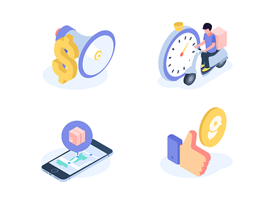 Small illustration for use cases clock delivery dollar exotel icon illustration isometric marketing