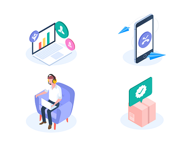 Small illustration for exotel's use cases call center clock delivery dollar exotel icon illustration isometric marketing