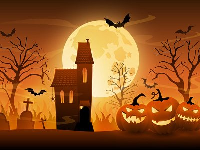 Hallooween bat bright cartoon design gradient halloween flyer house illustration illustrator moon pumpkins scary vector