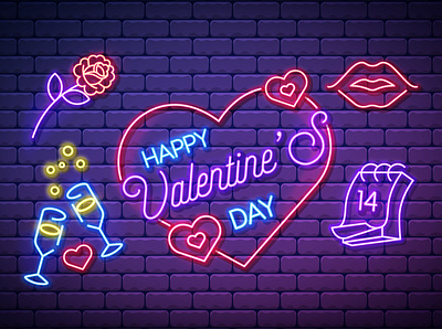 Valentines Icons 14 february bright bubbles cartoon champagne design flower glasses happy valentines day heart icons illustration illustrator lips mesh neon red rose vector violet