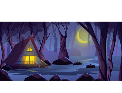 Forest at Night art bright cartoon dark forest gradient house houses illustration illustrator landscape moon night peisage realistic trees vector wood