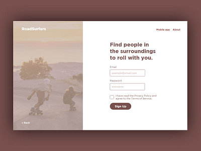 RoadSurfers Sign Up Webpage adobexd dailyui design flat hierarchy layout exploration layoutdesign longboard signup typogaphy ui ux ux ui webdesign website