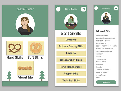 Interactive Resume: Three Primary Screens app interface creative design hard skills illustration interactive interactive resume resume soft skills typography ui ux